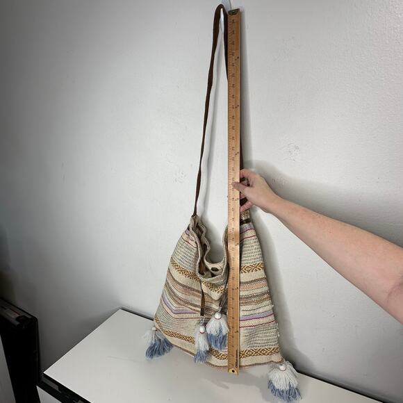 Lovestitch Tan Multicolor Striped Canvas Boho Bag Drawstring Snap Closure - Picture 16 of 16